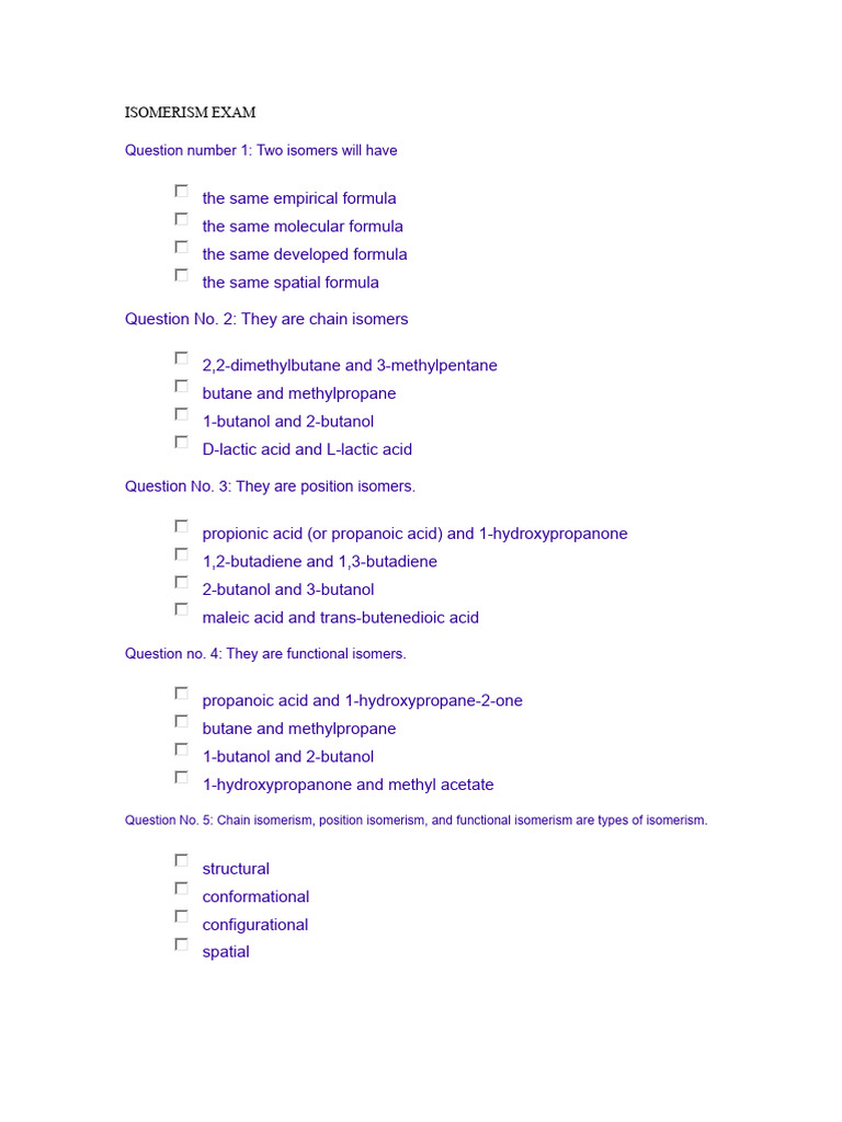 ISOMERISM EXAM | PDF | Isomer | Chirality (Chemistry)