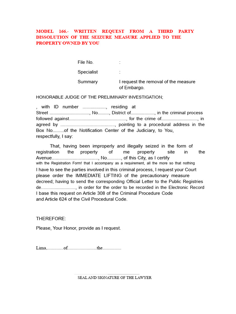 Model 166. - Written Request From A Third Party For The Lifting of The ...