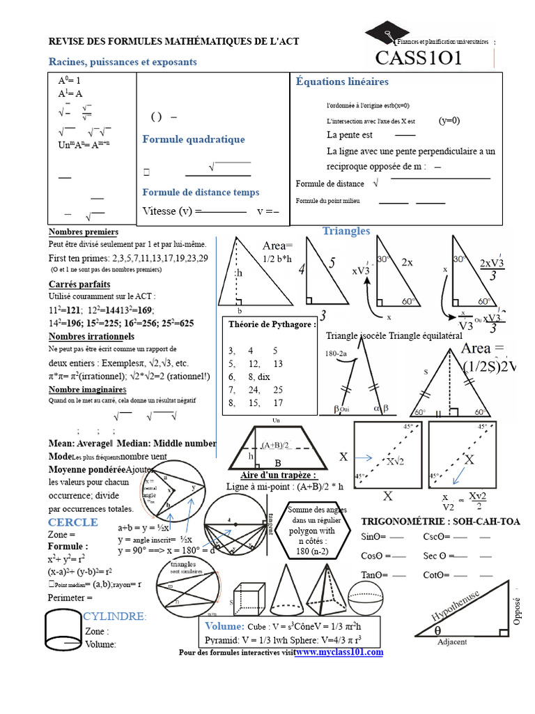 Formules Mathématiques Essentielles ACT | PDF | Triangle | Racine carrée