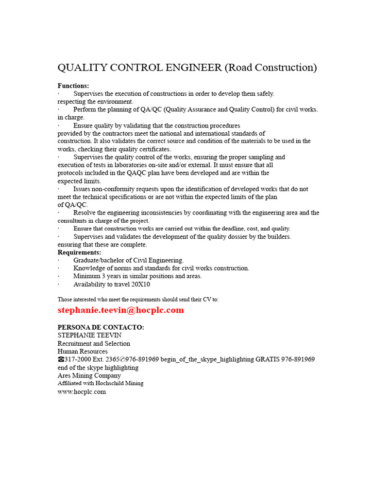 Quality Control Engineer - Road Construction | PDF