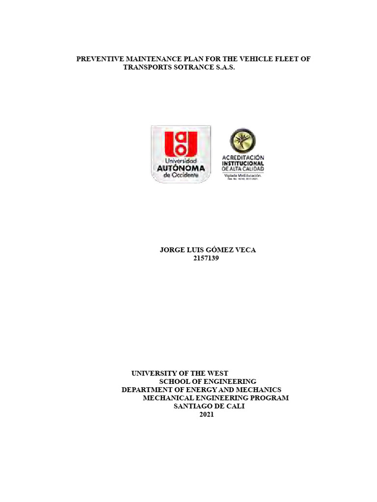 Preventive Maintenance Plan For The Vehicle Fleet of The Company ...