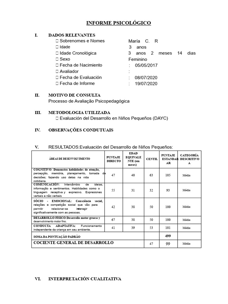 Informe psicológico - DAYC | PDF | Comunicação | Psicologia
