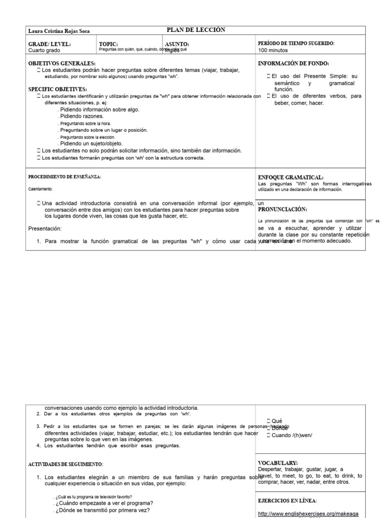Preguntas "Wh" en Inglés para Cuarto Grado | PDF | Comunicación humana