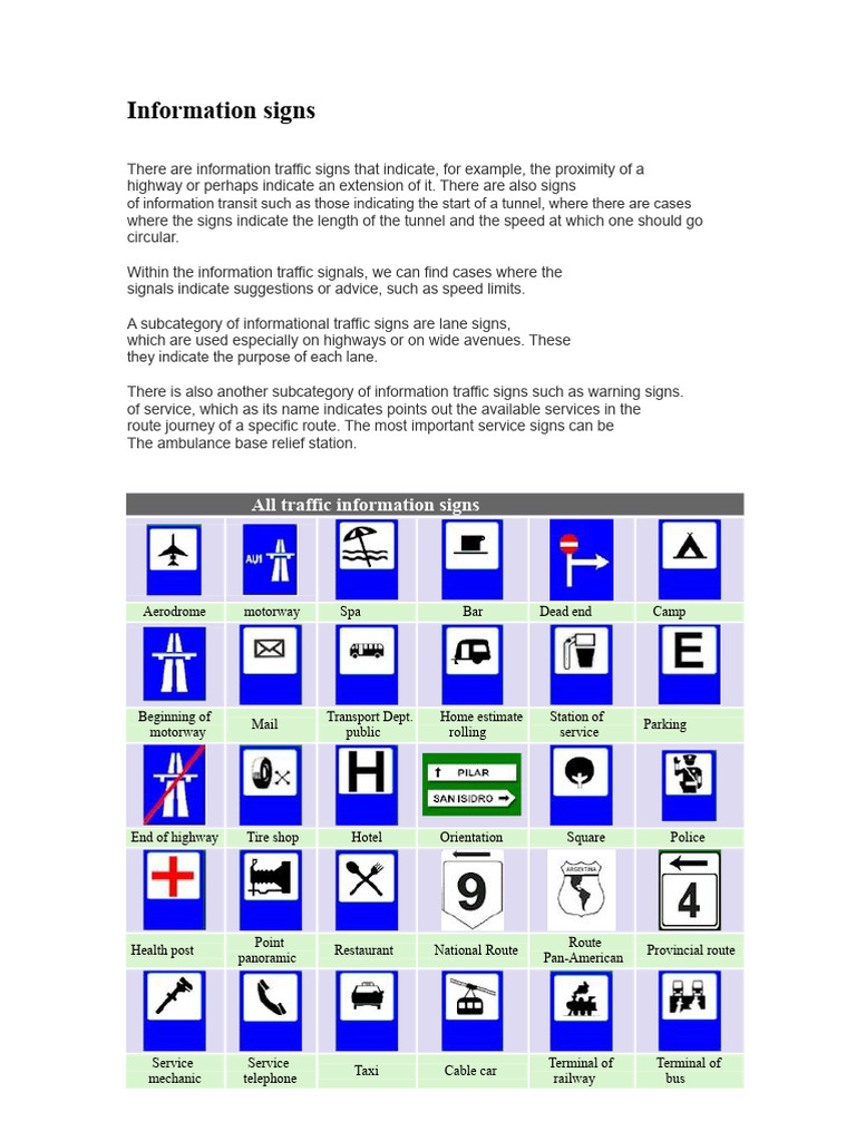 Types of Traffic Information Signs | PDF | Traffic | Traffic Light