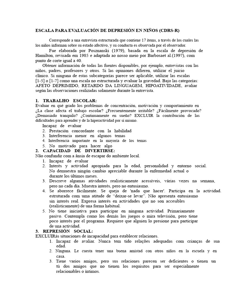 Escala de Depresión Infantil CDRS-R | PDF | Depresión (estado de ánimo ...