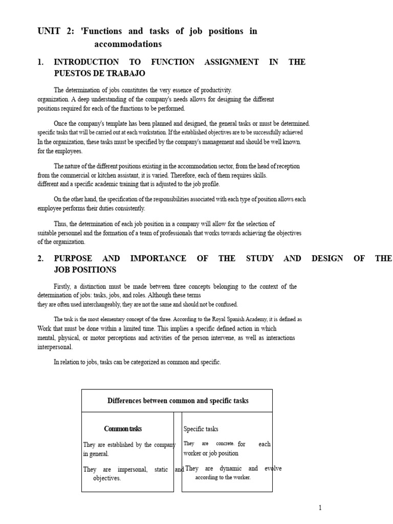 Ut2 - Functions and Tasks of Job Positions in Accommodations | PDF ...