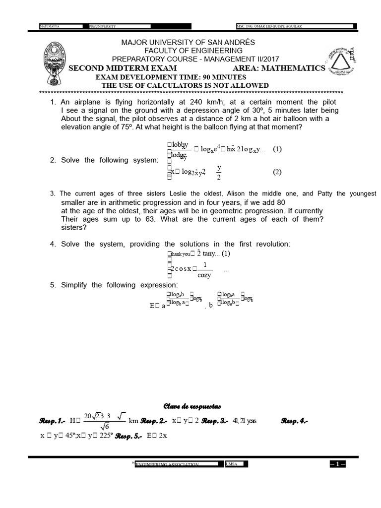 Mathematics Midterm Exam Questions | PDF | Logarithm | Arithmetic