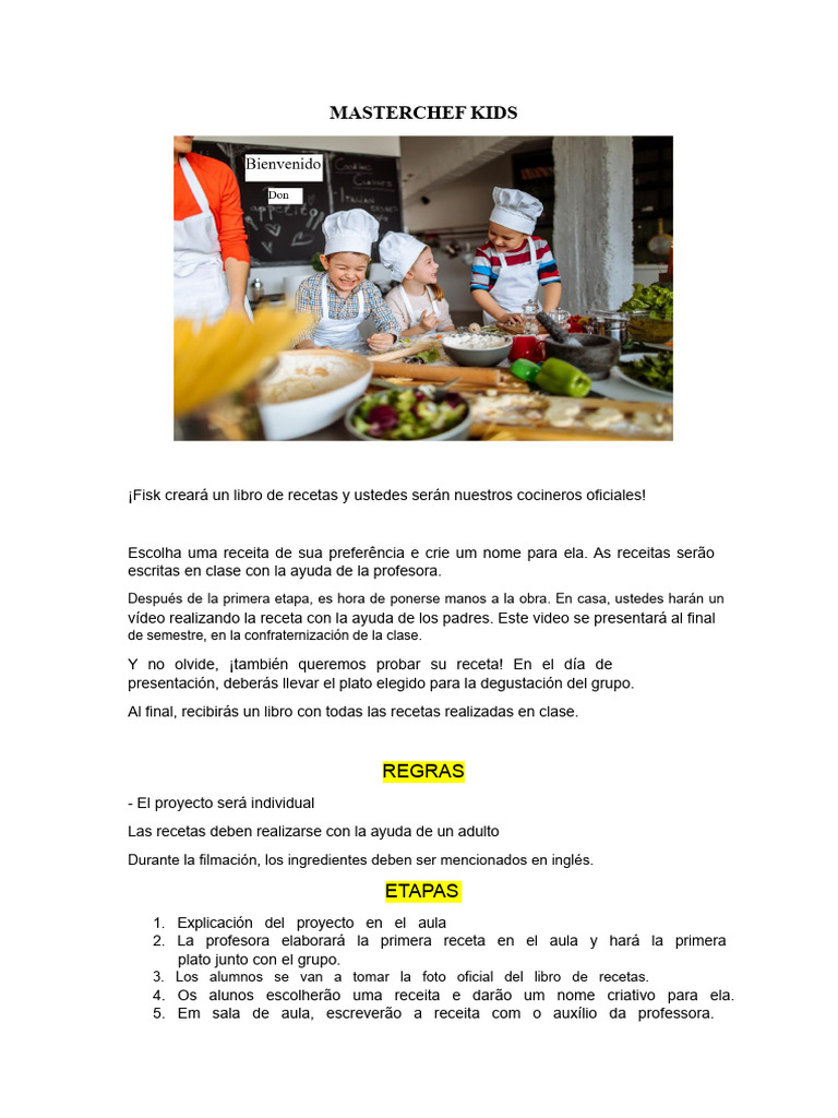 MasterChef Kids: Proyecto de Recetas | PDF