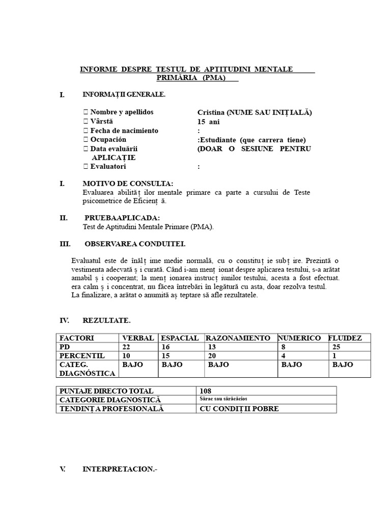 Test de Aptitudini Mentale Primare (Pma) | PDF