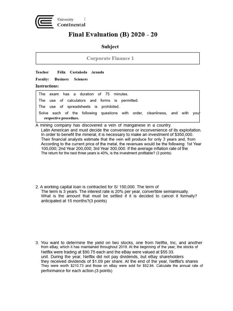 Final Exam B - Corporate Finance 1 | PDF | Dividend | Depreciation