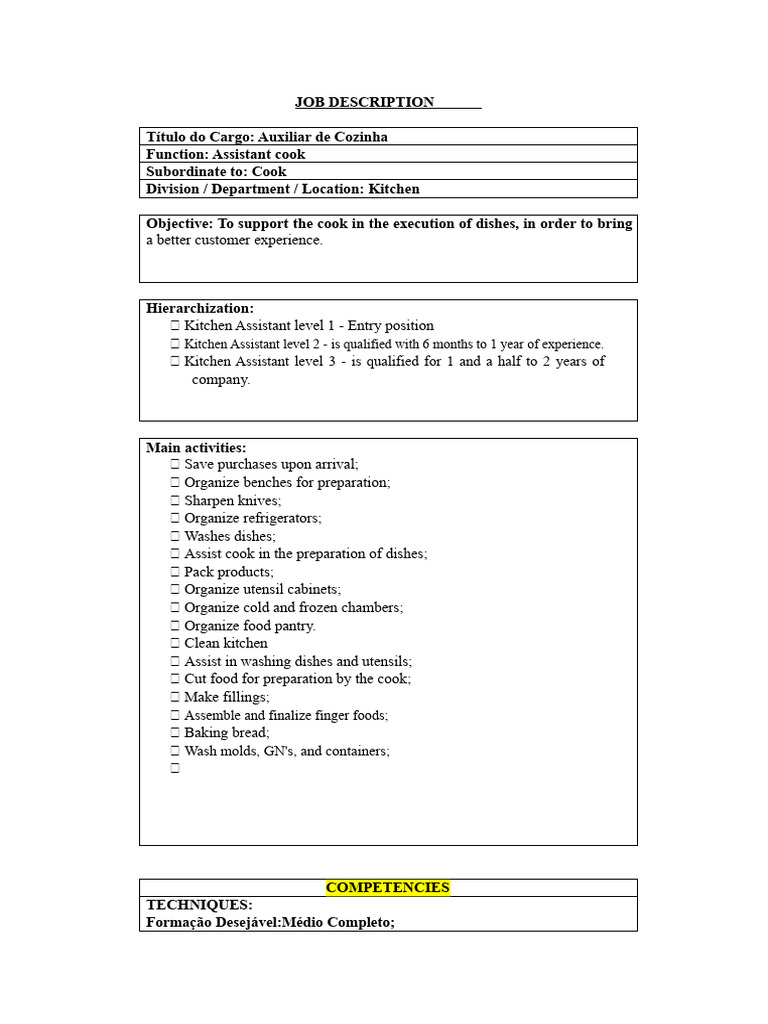 Kitchen Assistant Job Description | PDF