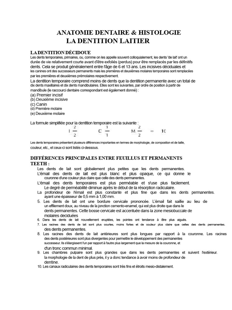 Anatomie et Histologie des Dents de Lait PDF Dent humaine Dent — free download