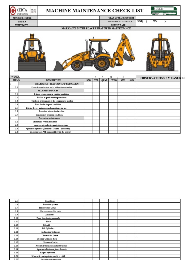 Machine Maintenance Checklist Template | PDF | Machines | Vehicles