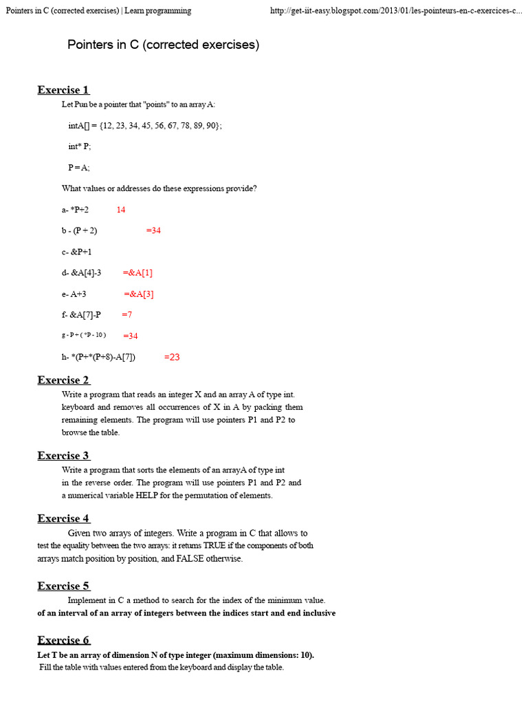 Pointers in C (Corrected Exercises) - Learn Programming | PDF | Pointer ...