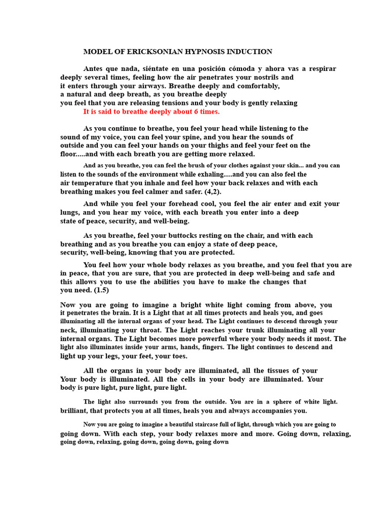 Ericksonian Hypnosis Induction Guide | PDF | Breathing | Clinical Medicine