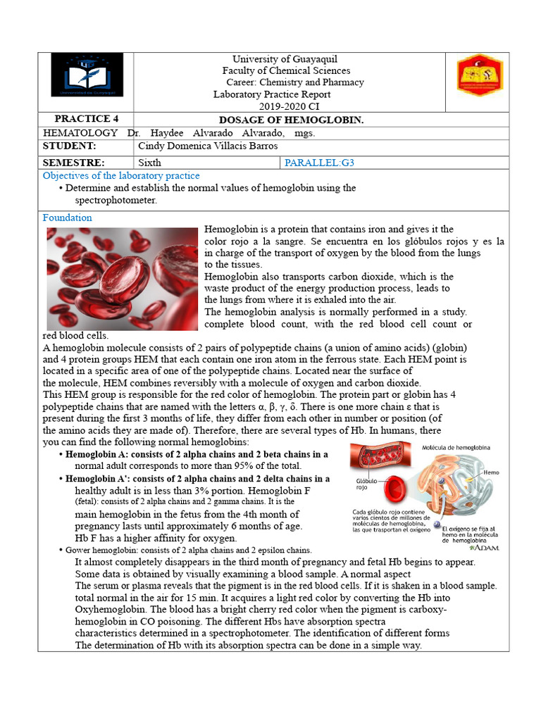 Hemoglobin Dosage Laboratory Report | PDF | Hemoglobin | Blood