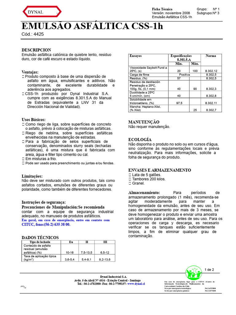 Emulsão Asfáltica CSS-1h: Ficha Técnica | PDF