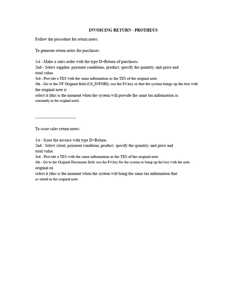 Protheus Return Note Invoicing Guide | PDF