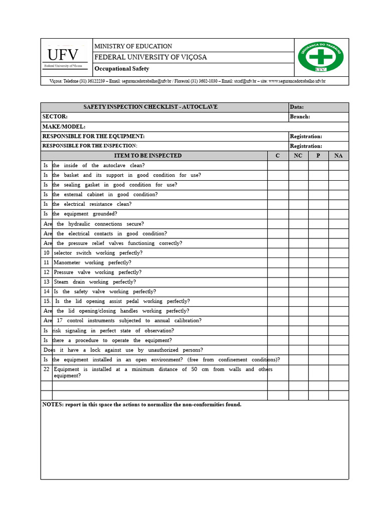 Autoclave Safety Inspection Checklist | PDF | Valve | Calibration