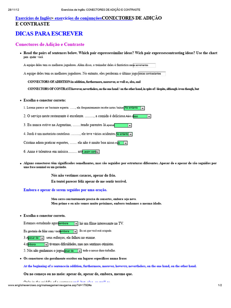 Conectores de Adição e Contraste em Inglês | PDF