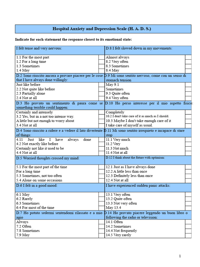 Hospital Anxiety and Depression Scale Guide | PDF | Anxiety | Abnormal ...