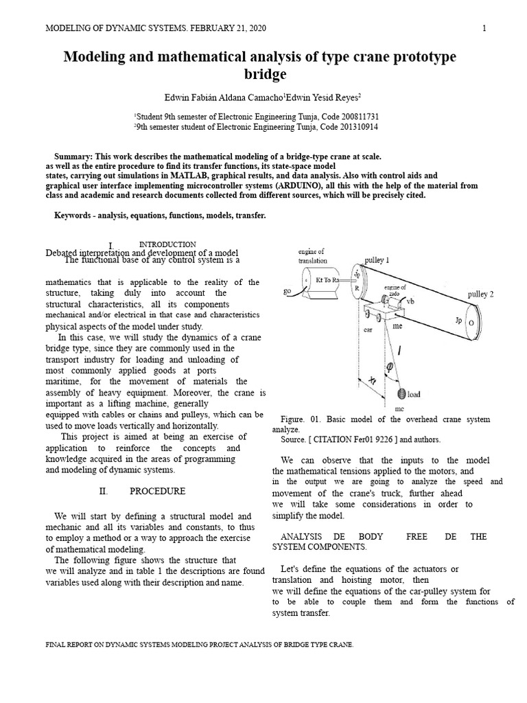Bridge Crane Dynamic System Modeling | PDF | Electric Motor | Crane ...