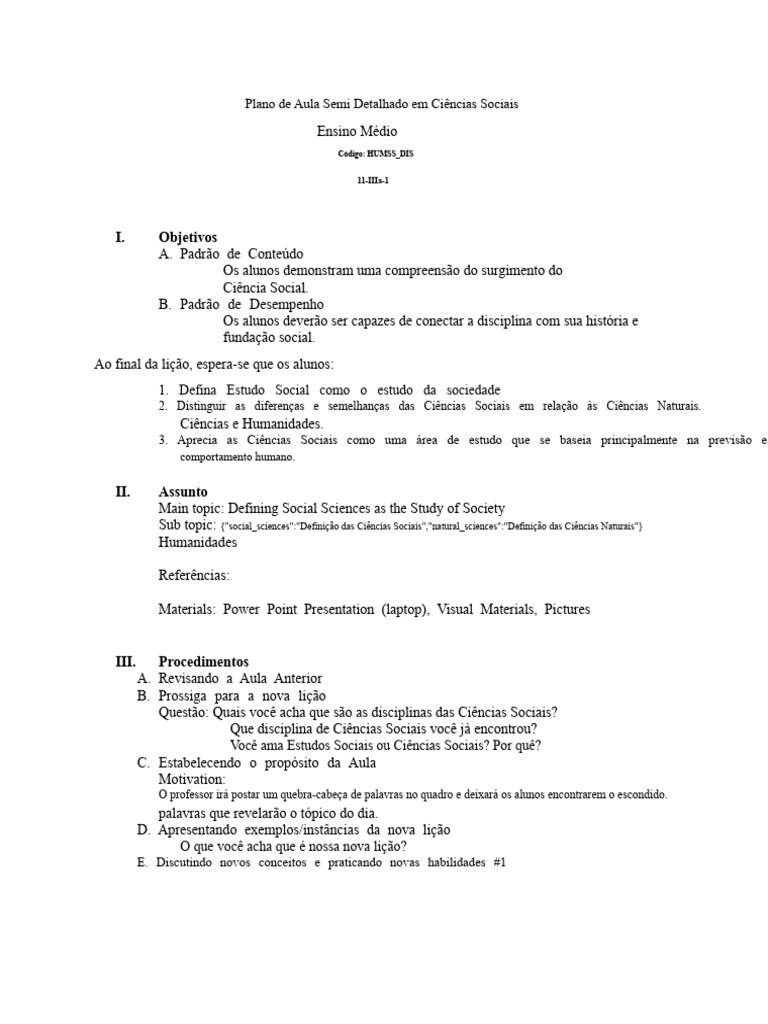 Plano de Aula: Ciências Sociais no Ensino Médio | PDF | Science ...