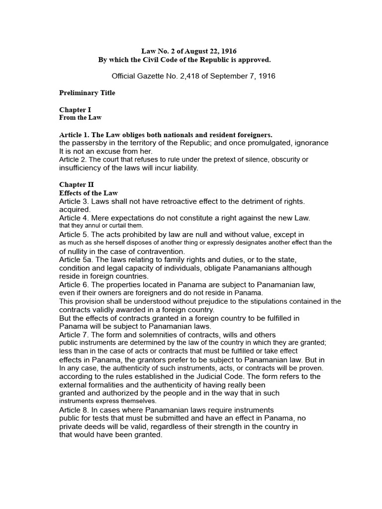 Panama Civil Code Overview 1916 | PDF | Domicile (Law) | Property
