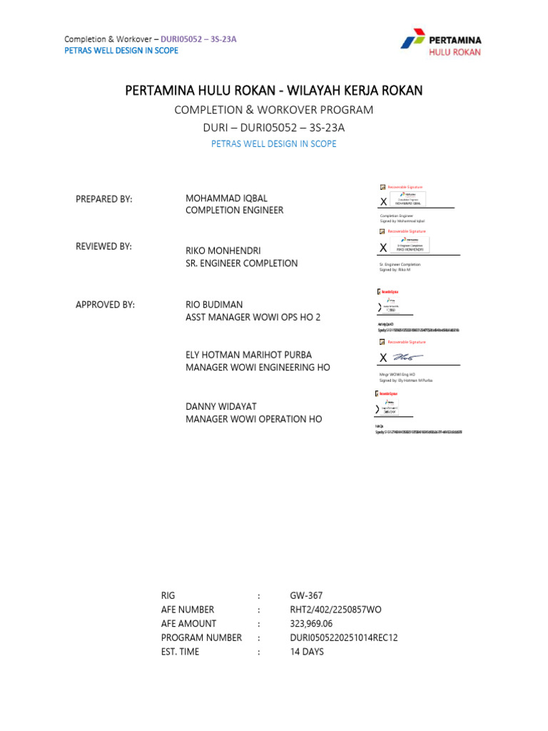 DURI05052 Completion & Workover Plan | PDF | Gases | Chemical Engineering