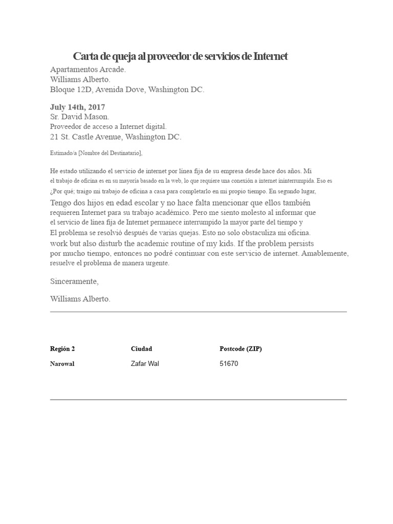 Carta de Queja al Proveedor de Servicios de Internet | PDF | Internet ...