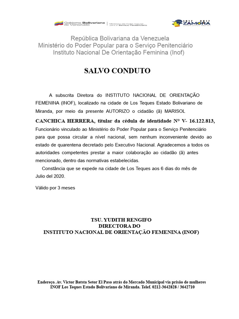 Salvo Conduto INOF Venezuela 2020 | PDF | Venezuela | Documento