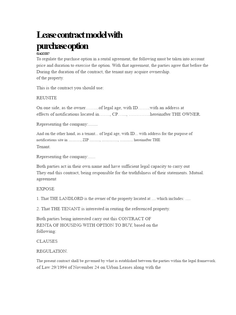 Lease Agreement Model With Option To Purchase | PDF | Lease | Leasehold ...
