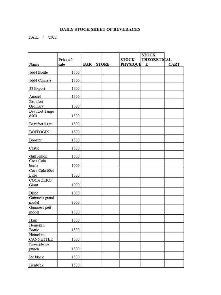 Daily Beverage Stock Sheet 2022 | PDF