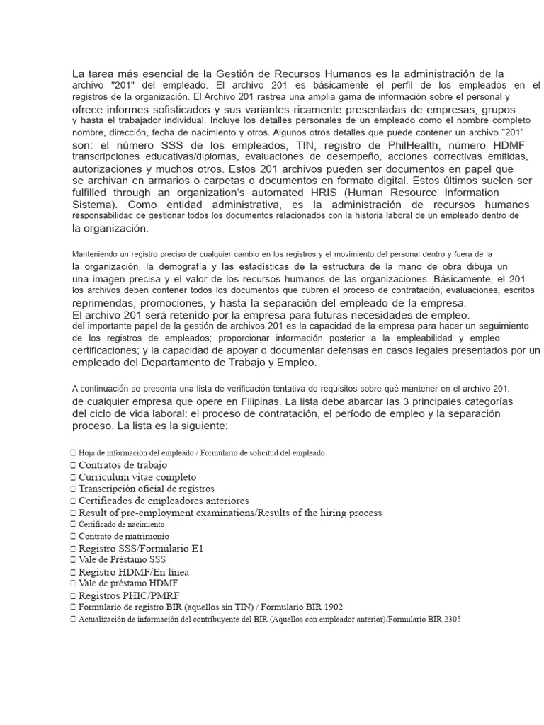 Importancia del Archivo 201 en RRHH | PDF | Gestión de recursos humanos ...