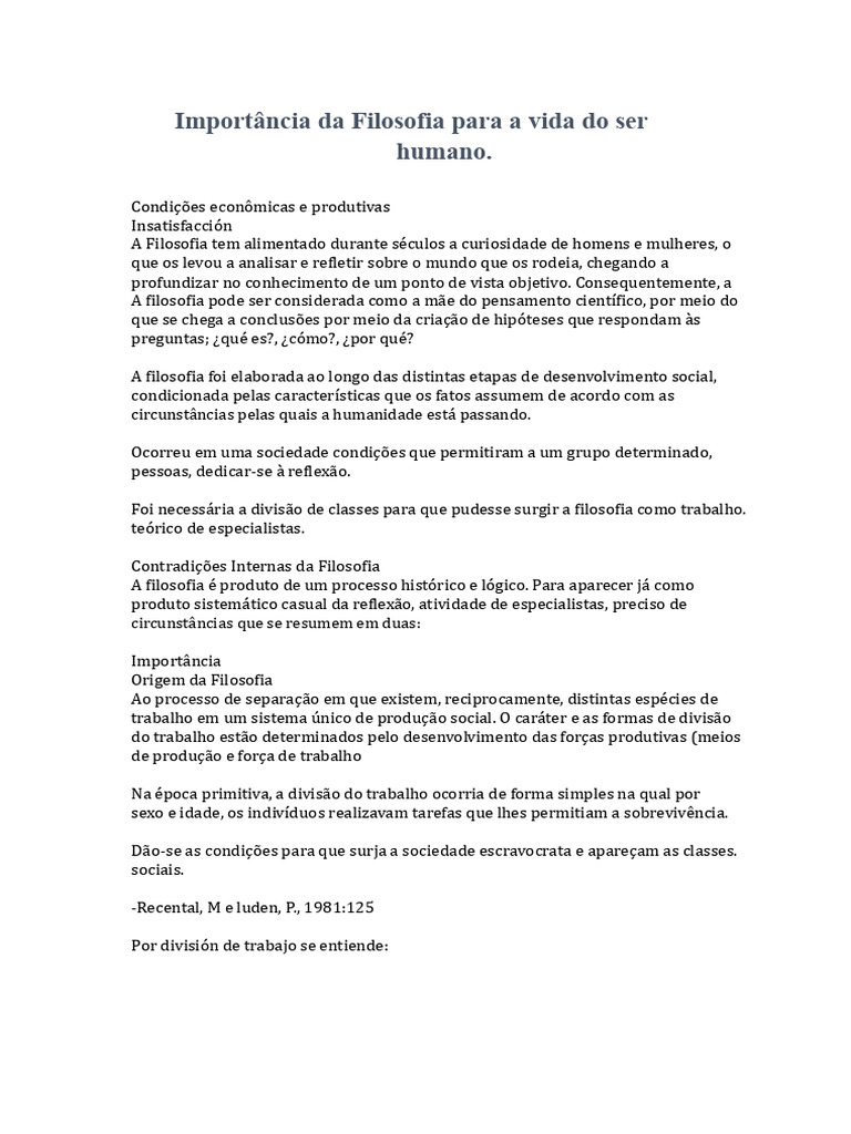 Importância Da Filosofia para A Vida Do Ser Humano | PDF | Sociologia ...