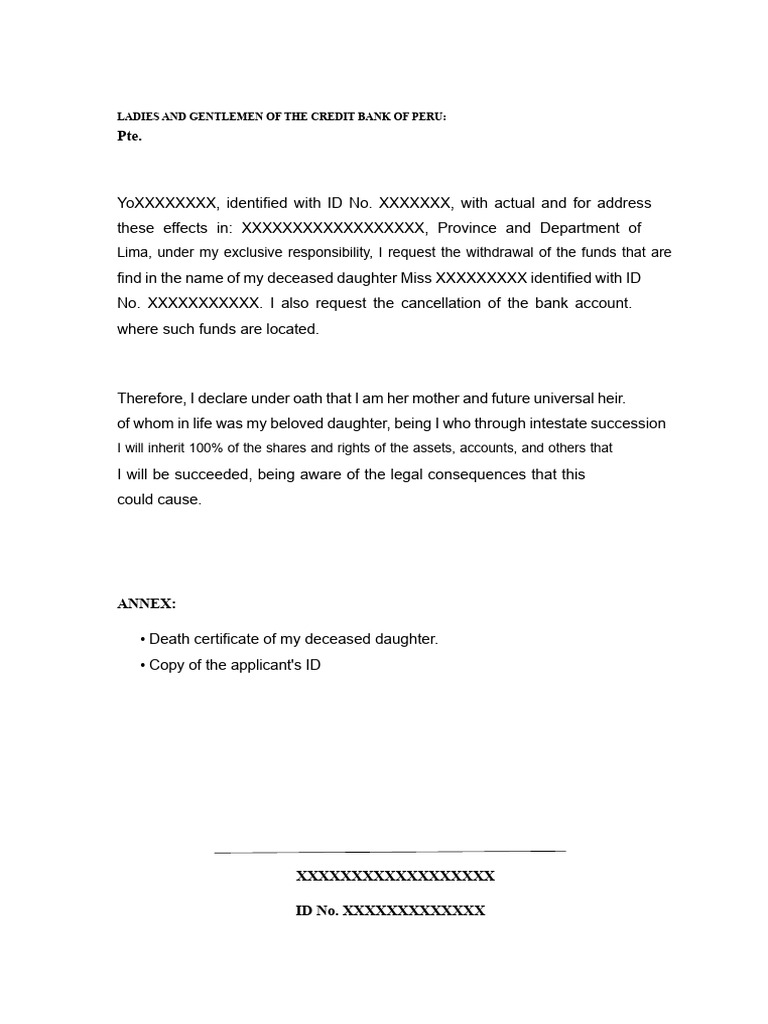 Letter Requesting Money From The Bank Due To The Death of Account ...