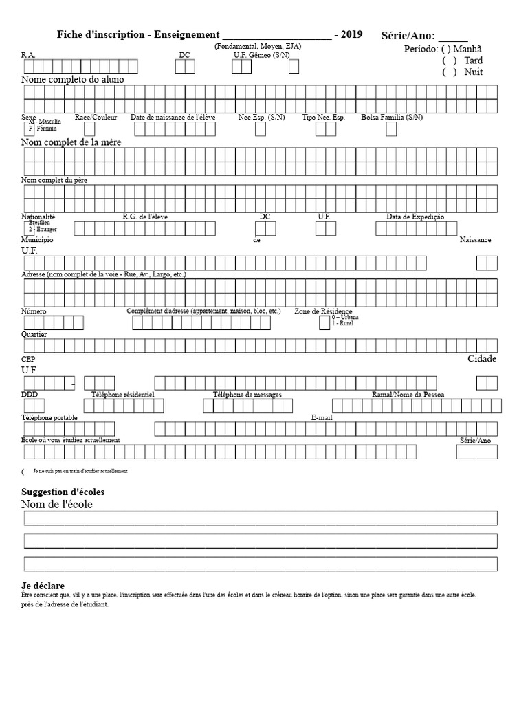 Fiche d'inscription scolaire 2019 | PDF