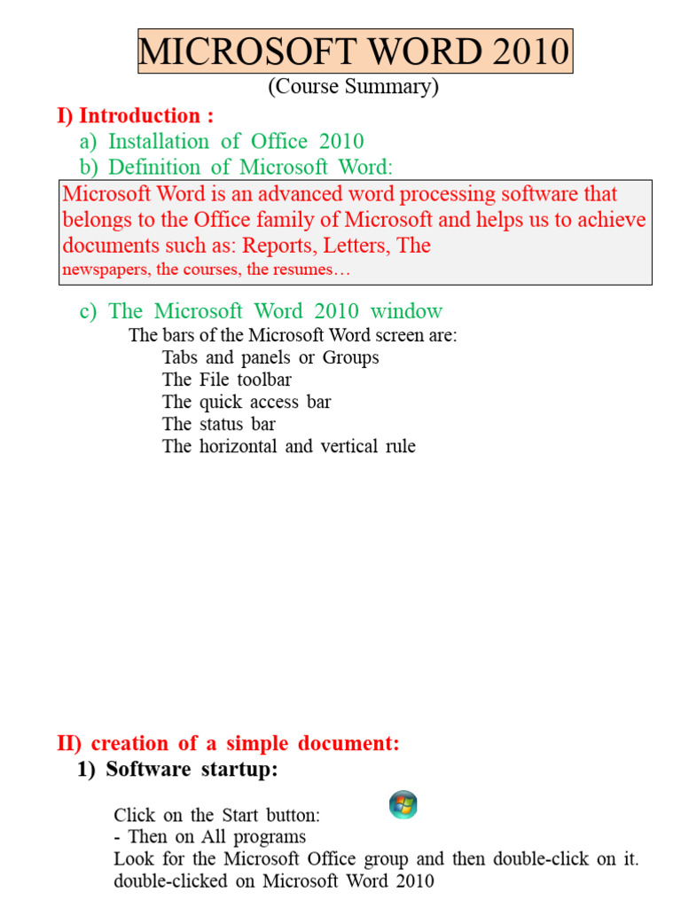 Microsoft Word 2010 Course Overview | PDF | Microsoft Word | Double Click