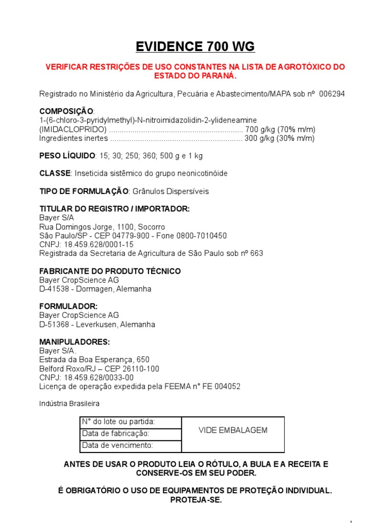 EVIDENCE 700 WG Inseticida Nicotinoide Packaging And Labeling Insecticide