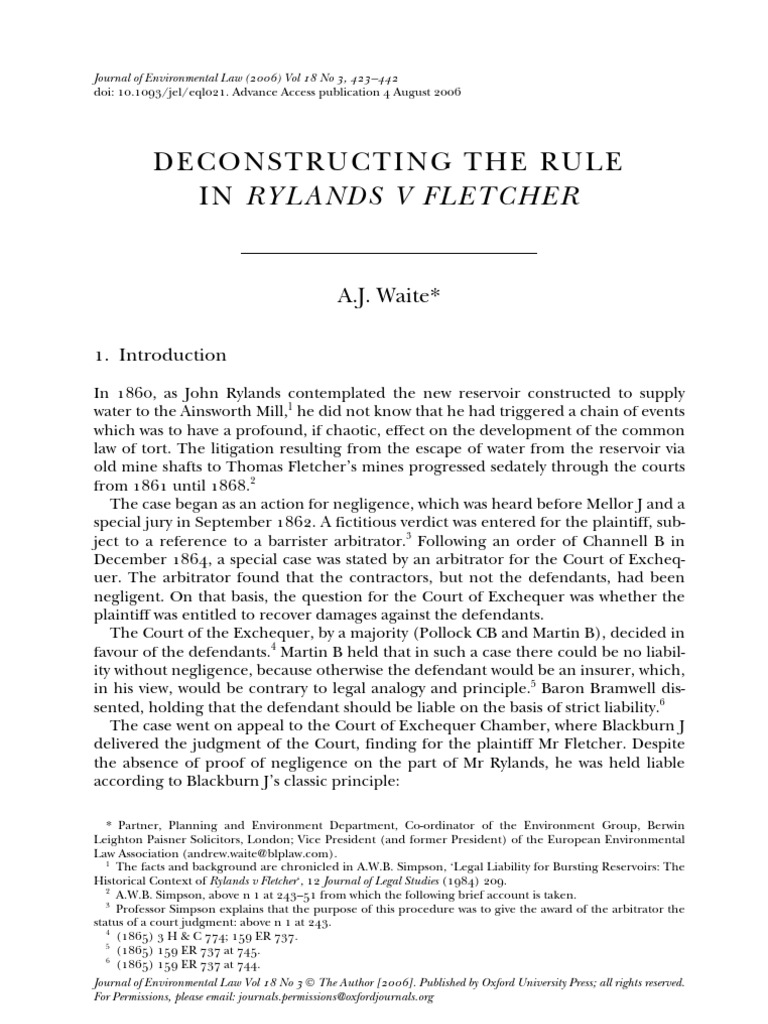 Deconstructing Rylands V Fletcher | PDF | Negligence | Tort