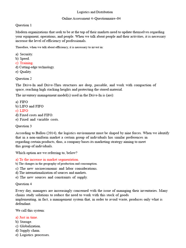 Logistics Efficiency Assessment Questionnaire | PDF | Logistics | Inventory