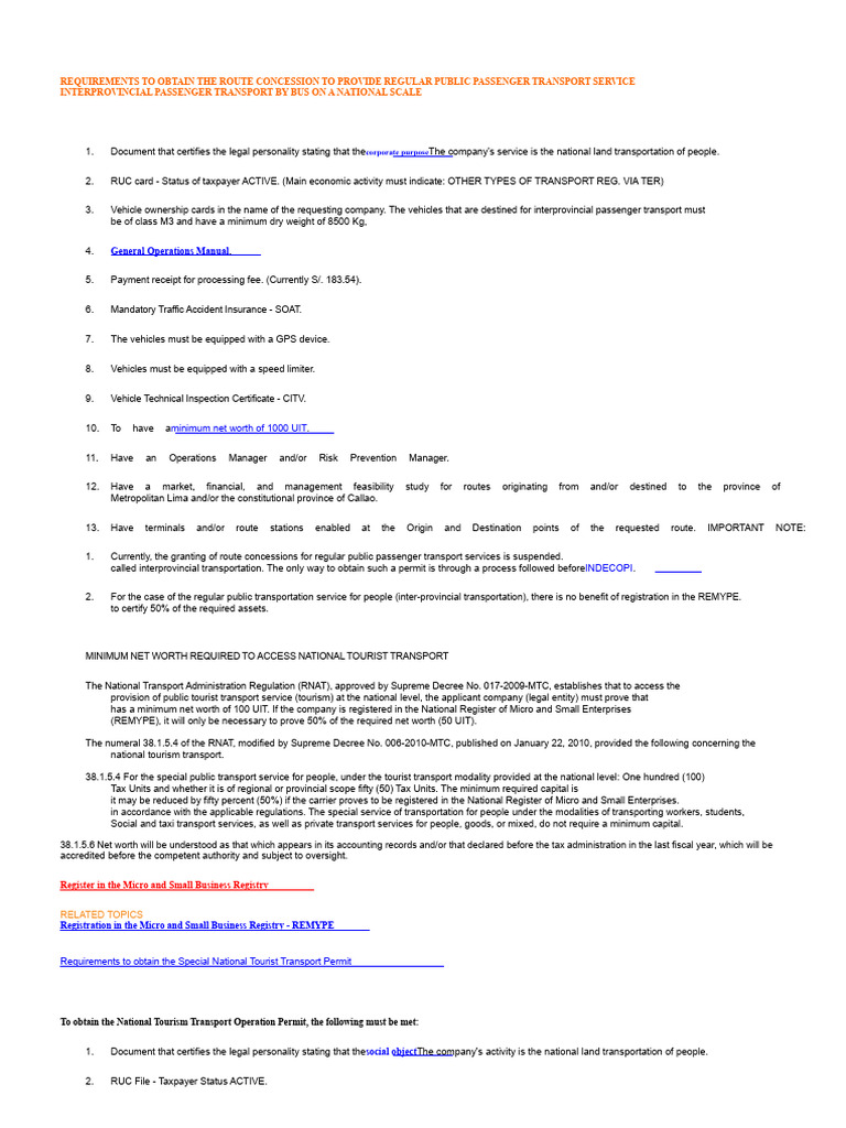 Requirements to Obtain the Route Concession to Provide Regular Public ...