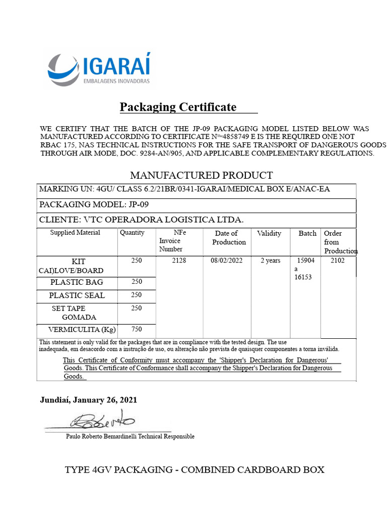 JP-09 Packaging Certificate for Dangerous Goods | PDF | Dangerous Goods