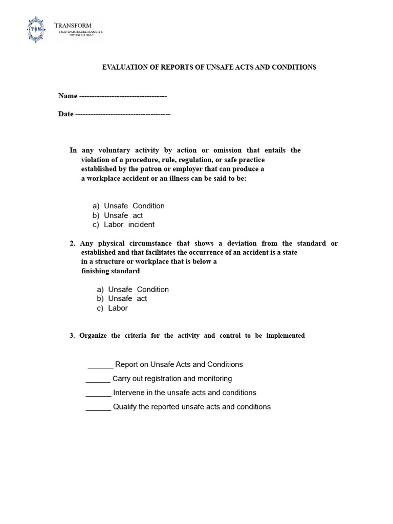 Unsafe Acts and Conditions Evaluation | PDF