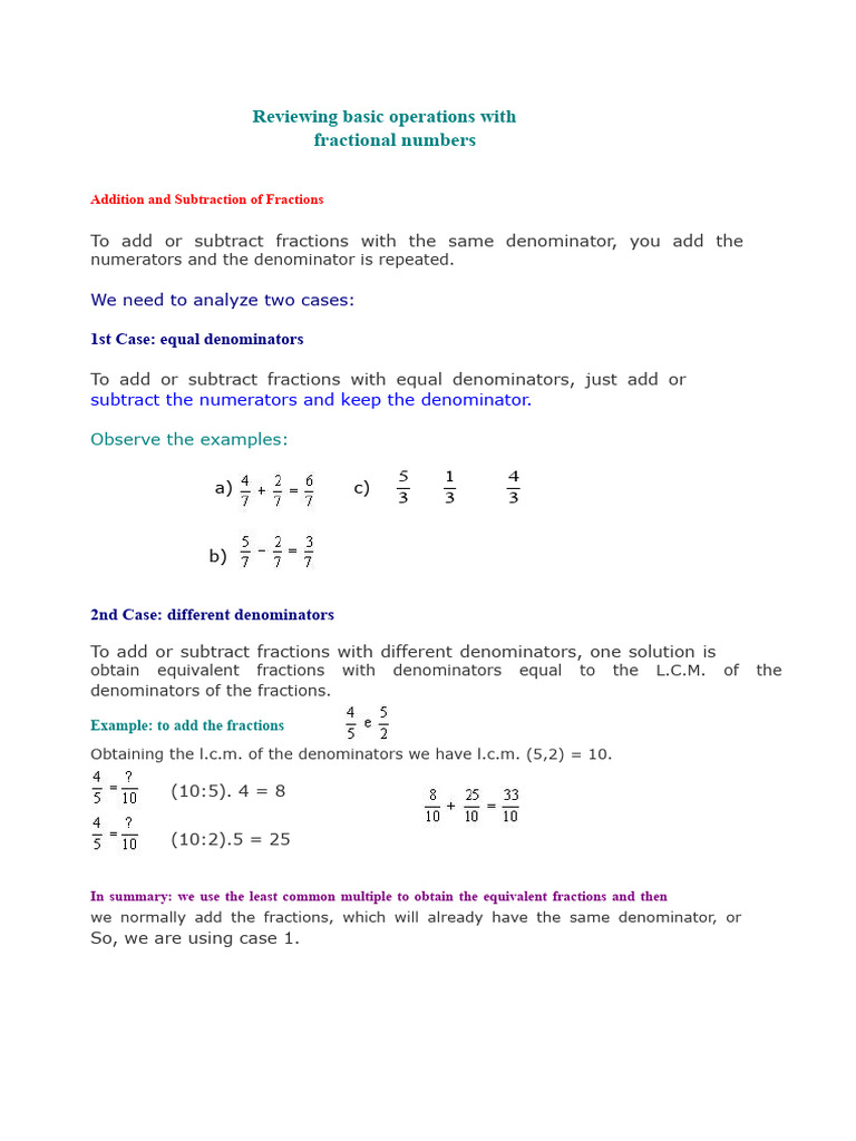 Operations with fractions | PDF | Subtraction | Multiplication