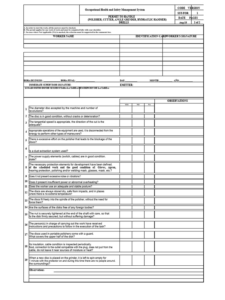 Work Permit To Operate (Polisher, Cutter, Grinder) | PDF | Mechanical ...