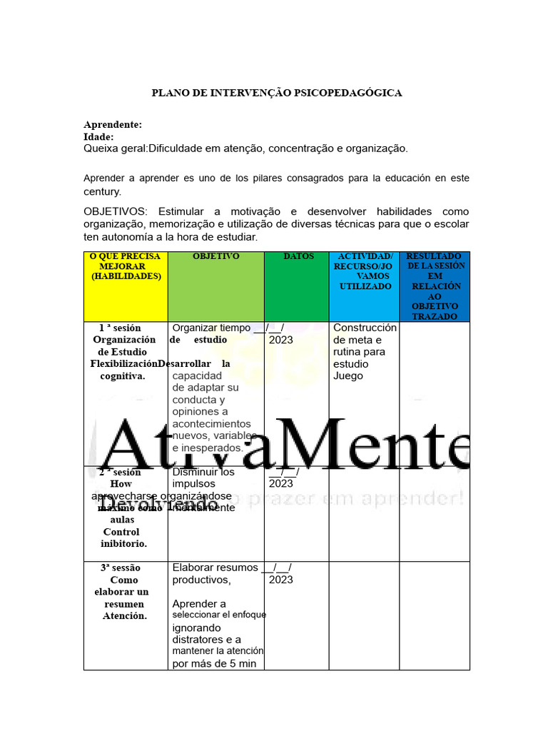 Plan de Intervención Psicopedagógica | PDF | Aprendizaje | Atención