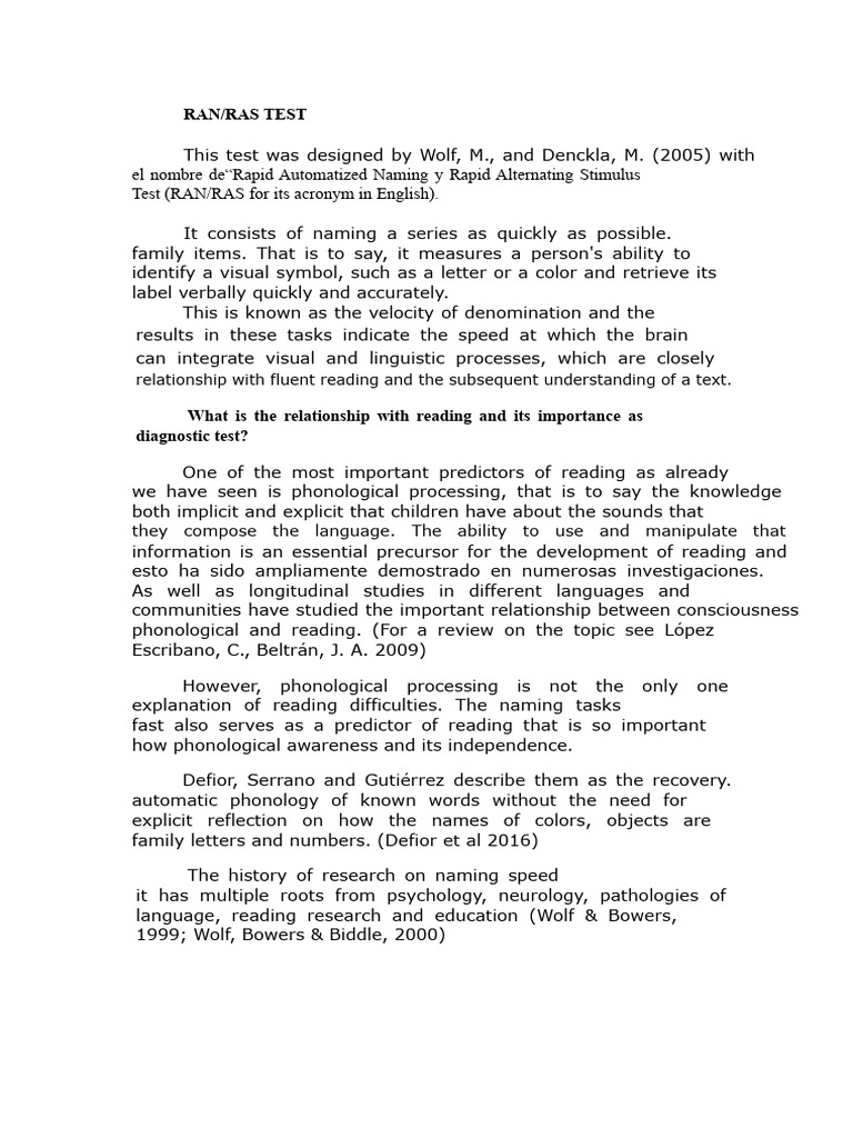 RAN/RAS Test for Reading Assessment | PDF | Cognitive Science | Cognition