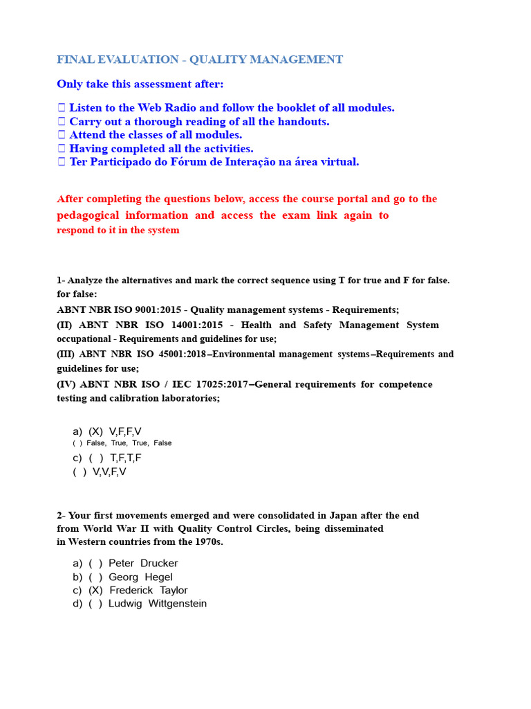 Quality Management Final Evaluation Guide | PDF | Quality Management ...