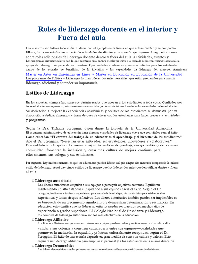 Roles de Liderazgo Docente Dentro y Fuera Del Aula | PDF | Liderazgo ...